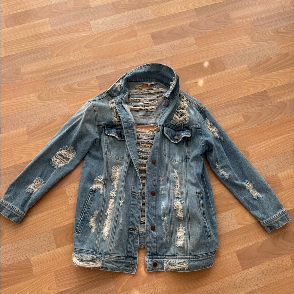 Fashion Nova Distressed Light Blue Denim Jean Jacket